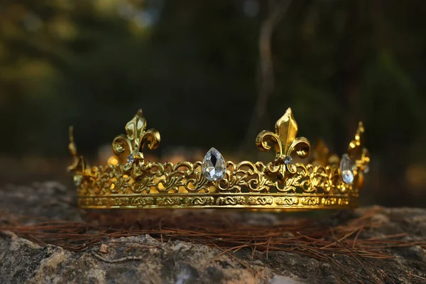 Ngiltere Ormanlarında Taş Üstünde Altın Kralın Gizemli Sihirli Fotoğrafı Ortaçağ — Stok fotoğraf