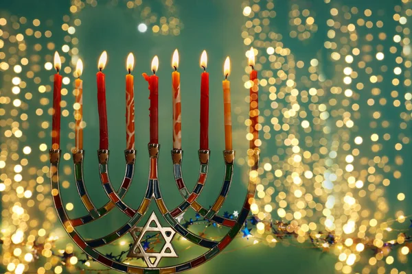 Religion Image Jewish Holiday Hanukkah Background Menorah Traditional Candelabra Candles — Stock Photo, Image