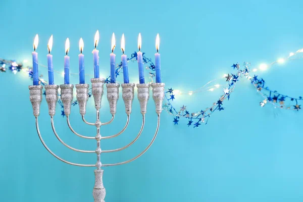 Релігійне Зображення Єврейського Свята Ханука Мерами Традиційні Канделябри Свічками — стокове фото