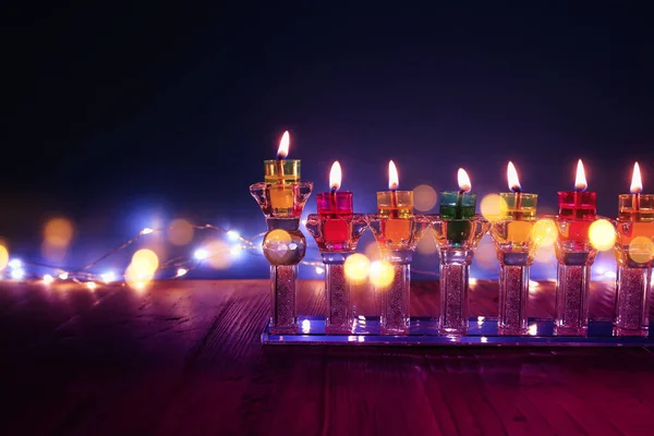 Imagem Férias Judaicas Hanukkah Fundo Com Menorah Cristal Candelabro Tradicional — Fotografia de Stock