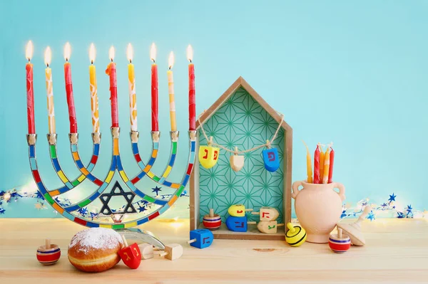 Religion Image Jewish Holiday Hanukkah Background Menorah Traditional Candelabra Candles — Stock Photo, Image