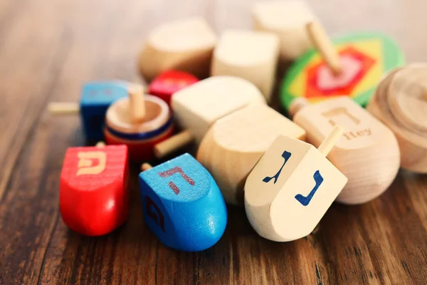 Bandeira Férias Judaicas Hanukkah Com Dreidels Madeira Spinning Top Sobre — Fotografia de Stock