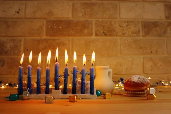 Image Jewish Holiday Hanukkah Menorah Traditional Candelabra Donut Wooden Dreidel — Stock Photo, Image