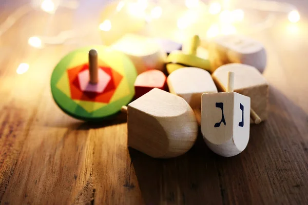 Banner Jewish Holiday Hanukkah Wooden Dreidels Spinning Top Wooden Background — Stock Photo, Image