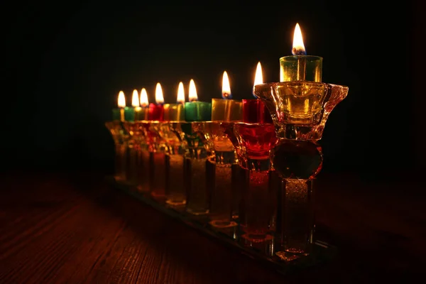 Image Jewish Holiday Hanukkah Background Crystal Menorah Traditional Candelabra Oil — Stock Photo, Image