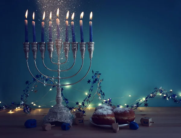 Image Jewish Holiday Hanukkah Menorah Traditional Candelabra Donut Wooden Dreidel — Stock Photo, Image
