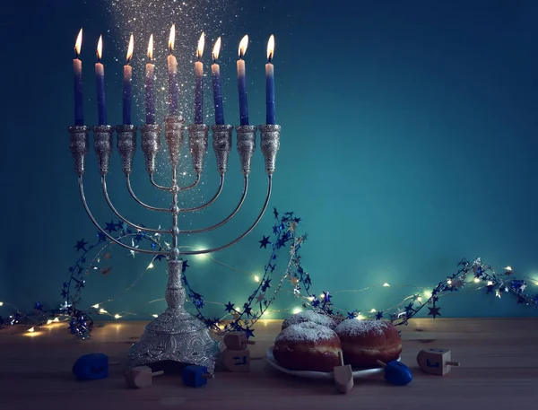 Image Vacances Juives Hanoukka Avec Menorah Traditionnel Candelabra Beignet Dreidel — Photo