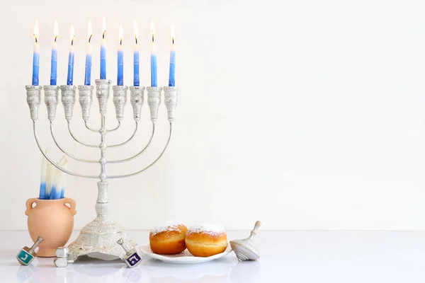 Image Jewish Holiday Hanukkah Menorah Traditional Candelabra Donut Wooden Dreidel — Stock Photo, Image