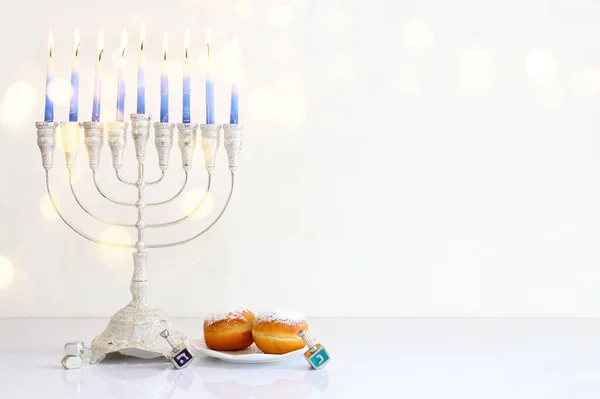 Image Jewish Holiday Hanukkah Menorah Traditional Candelabra Donut Wooden Dreidel — Stock Photo, Image