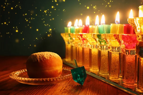 Imagem Férias Judaicas Hanukkah Fundo Com Menorah Cristal Candelabro Tradicional — Fotografia de Stock