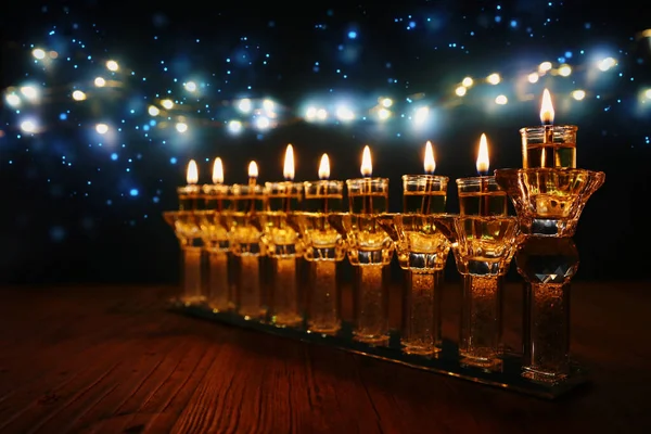 Image Jewish Holiday Hanukkah Background Crystal Menorah Traditional Candelabra Oil — Stock Photo, Image