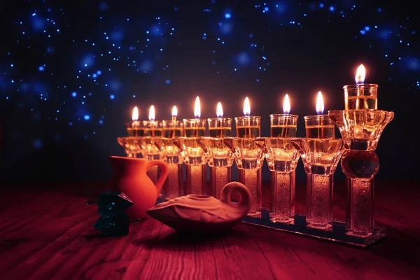 Imagem Férias Judaicas Hanukkah Fundo Com Menorah Cristal Candelabro Tradicional — Fotografia de Stock