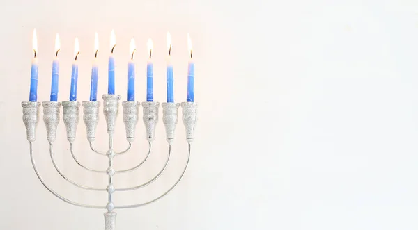 Religion Image Jewish Holiday Hanukkah Background Menorah Traditional Candelabra Candles — Stock Photo, Image