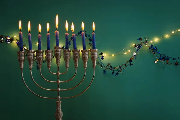 Religion Image Jewish Holiday Hanukkah Background Menorah Traditional Candelabra Candles — Stock Photo, Image