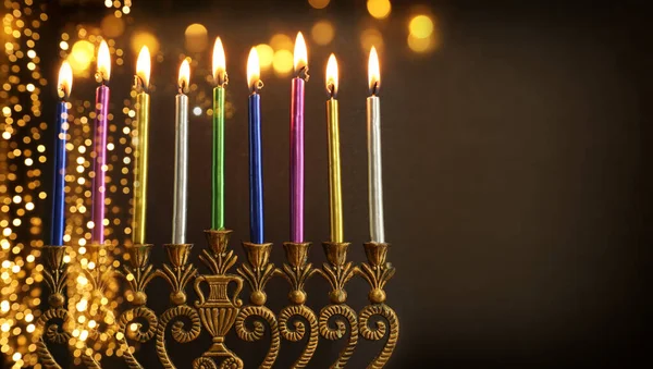 Menorah Geleneksel Şamdan Mumlarla Yahudi Bayramı Hanuka Arkaplanının Dini Görüntüsü — Stok fotoğraf