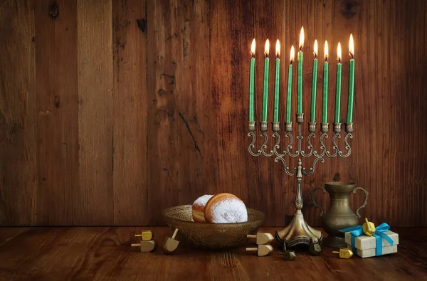 Afbeelding Van Joodse Vakantie Chanoeka Met Menorah Traditionele Candelabra Donut — Stockfoto