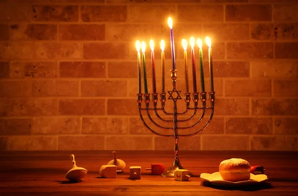 Bild Judisk Semester Hanukkah Med Menorah Traditionell Candelabra Munk Och — Stockfoto