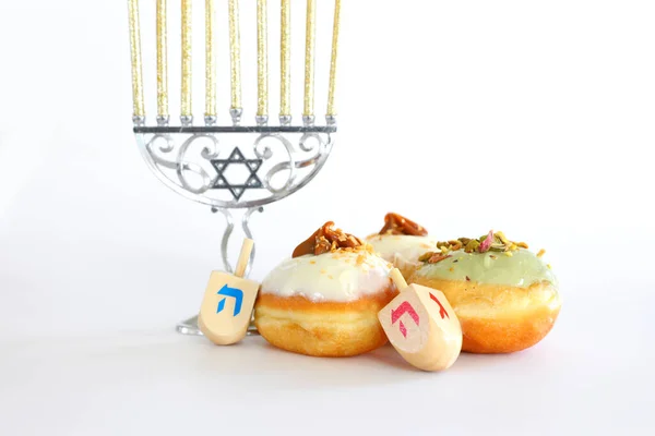 Banner Jewish Holiday Hanukkah Doughnut Wooden Dreidels Spinning Top — Stock Photo, Image