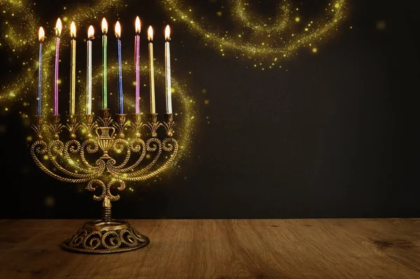 Religion Image Jewish Holiday Hanukkah Background Menorah Traditional Candelabra Candles — Stock Photo, Image