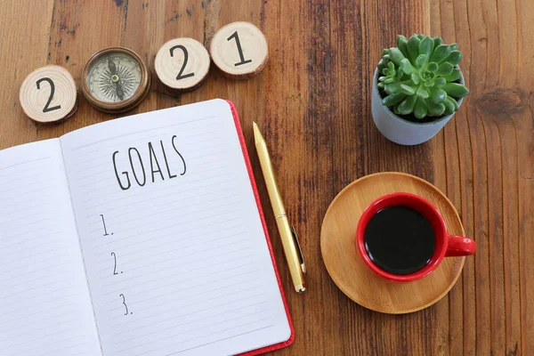 Business Concept Top View 2021 Goals List Notebook Cup Coffee — Stock Photo, Image