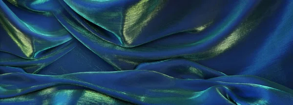 Azul Verde Dourado Tecido Seda Textura Fundo — Fotografia de Stock