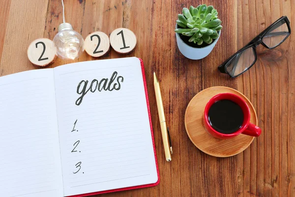 Business Concept Top View 2021 Goals List Notebook Cup Coffee — Stock Photo, Image