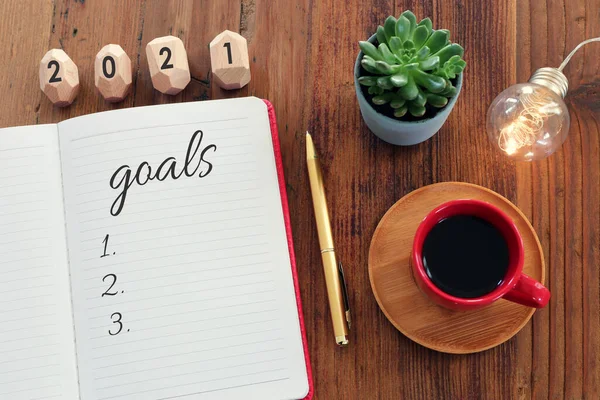 Business Concept Top View 2021 Goals List Notebook Cup Coffee — Stock Photo, Image