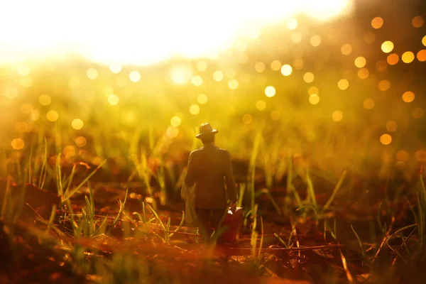 Surreales Bild Eines Mysteriösen Mannes Der Allein Bei Sonnenuntergang Geht — Stockfoto