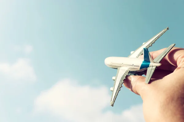 Close Photo Man Hand Holding Toy Airplane Blue Sky Clouds — Stock Photo, Image