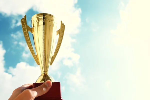 Hombre Sosteniendo Una Copa Trofeo Como Ganador Contra Cielo Azul — Foto de Stock