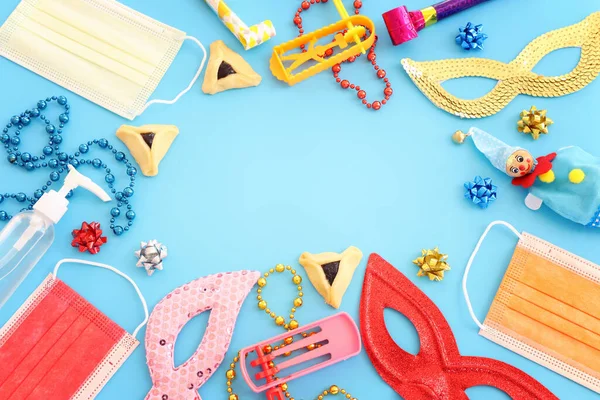 Conceito Celebração Purim Feriado Carnaval Judaico Sobre Fundo Azul Vista — Fotografia de Stock