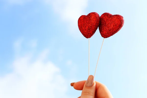 Red Glitter Hearts Blue Sky — Stock Photo, Image