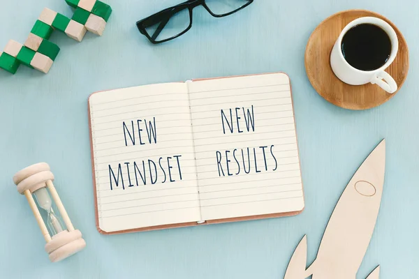 Top View Image Table Open Notebook Text New Mindset New — Stock Photo, Image