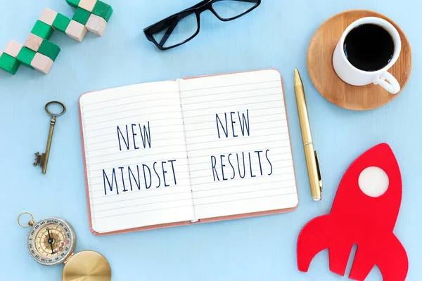 Top View Image Table Open Notebook Text New Mindset New — Stock Photo, Image