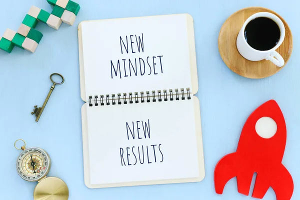 Top View Image Table Open Notebook Text New Mindset New — Stock Photo, Image