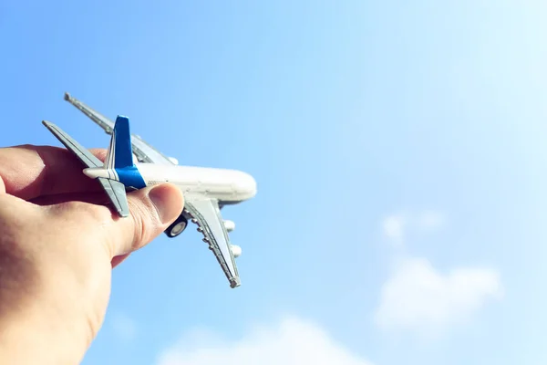 Close Photo Man Hand Holding Toy Airplane Blue Sky Clouds — Stock Photo, Image