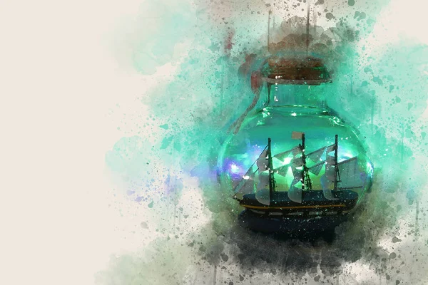 ボトルの中に古いボートと航海の概念の水彩画のスタイル抽象的なイメージ — ストック写真