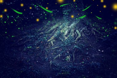 Firefly 'ın gece ormanında uçuşunun soyut ve büyülü görüntüsü. Peri masalı kavramı