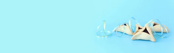 Концепція Святкування Пурим Єврейське Карнавальне Свято Печиво Hamantaschen Пастельному Синьому — стокове фото