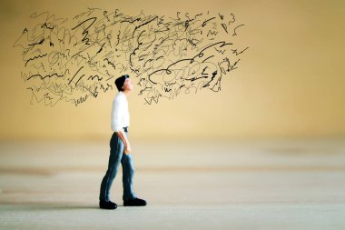 Stresli düşünceleri olan birinin görüntüsü. Depresyon, obsesif kompulsif, adhd, anksiyete bozuklukları konsepti