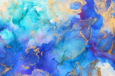 Alkol mürekkebi, mavi ve altın rengi olan soyut akışkan sanat resimlerinin sanat fotoğrafçılığı
