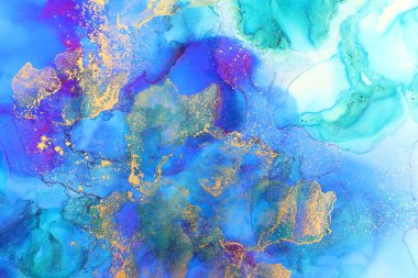 Alkol mürekkebi, mavi ve altın rengi olan soyut akışkan sanat resimlerinin sanat fotoğrafçılığı