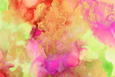 Alkol mürekkebi, pembe, kırmızı, yeşil ve altın rengi olan soyut sıvı sanat resimlerinin sanat fotoğrafçılığı