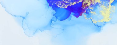 Alkol mürekkebi, mavi ve altın rengi olan soyut akışkan sanat resimlerinin sanat fotoğrafçılığı. Pankart