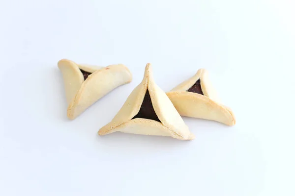 Έννοια Εορτασμού Πουρίμ Εβραϊκές Αποκριάτικες Διακοπές Παραδοσιακό Cookie Απομονωμένο Λευκό — Φωτογραφία Αρχείου