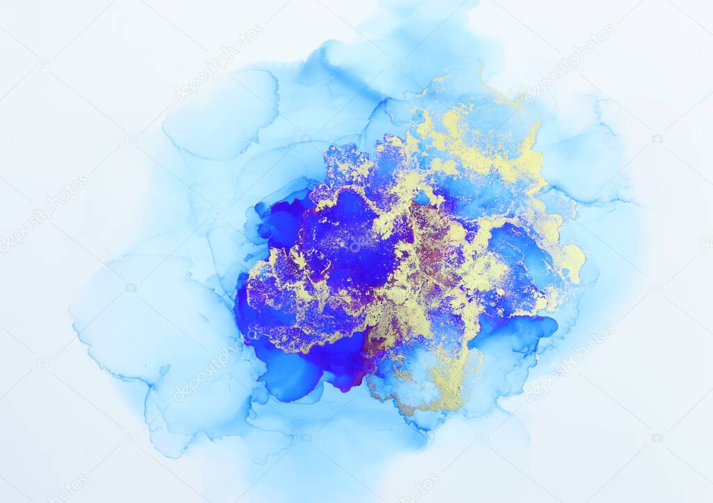 art photography of abstract fluid art painting with alcohol ink, blue and gold colors