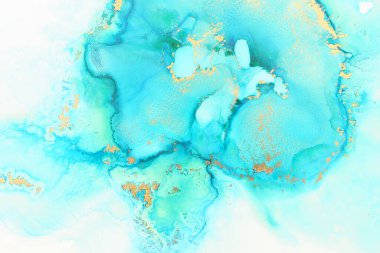 Alkol mürekkebi, mavi ve altın rengi olan soyut akışkan sanat resimlerinin sanat fotoğrafçılığı