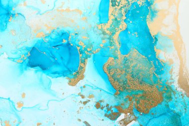 Alkol mürekkebi, mavi ve altın rengi olan soyut akışkan sanat resimlerinin sanat fotoğrafçılığı