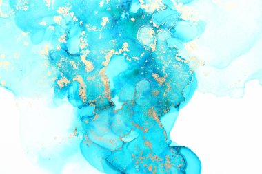 Alkol mürekkebi, mavi ve altın rengi olan soyut akışkan sanat resimlerinin sanat fotoğrafçılığı