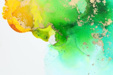 Alkol mürekkebi, mavi, yeşil ve altın rengi olan soyut sıvı sanat resimlerinin sanat fotoğrafçılığı